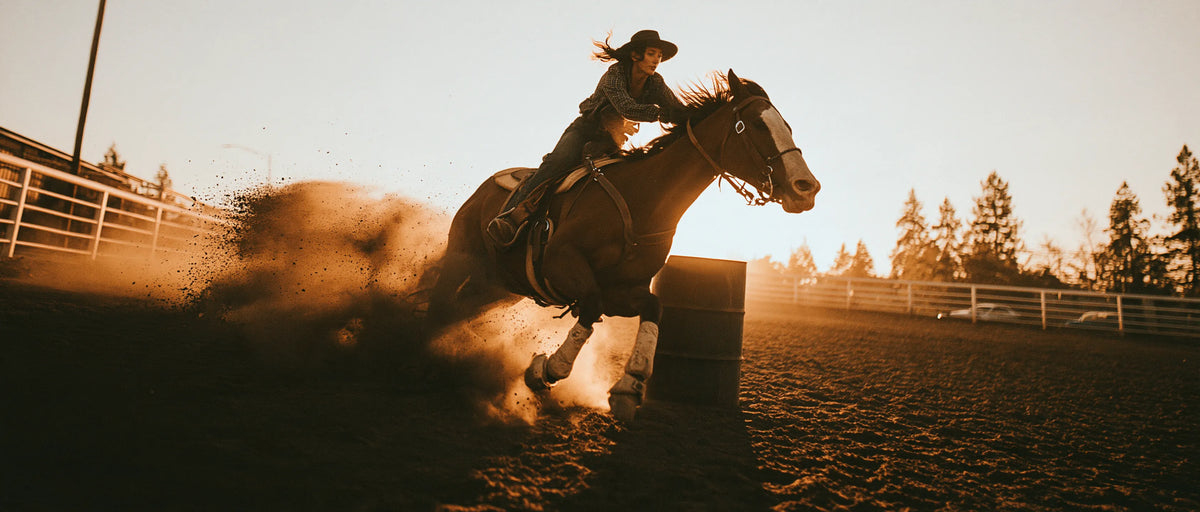 Cavalière contournant un tonneau en course de barrel