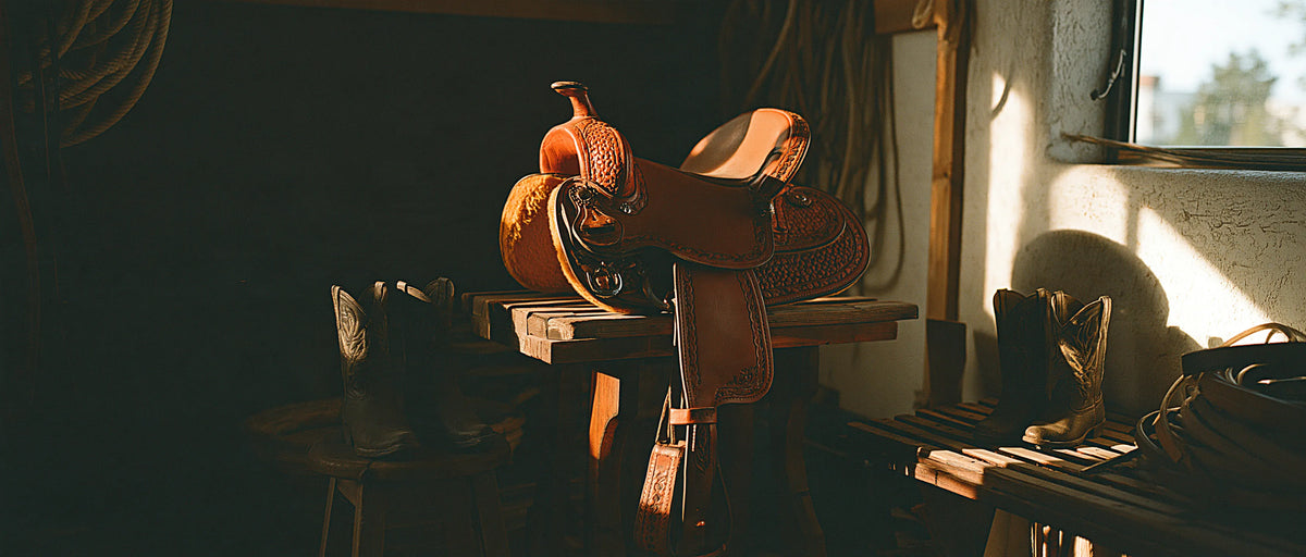 Petite selle western sur chevalet à côté de bottes