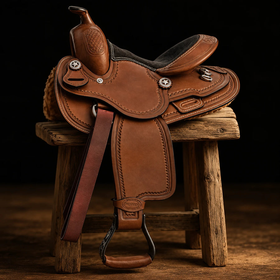 Selle western poney Denver Elite en cuir – vue d'ensemble (photo d'atelier)