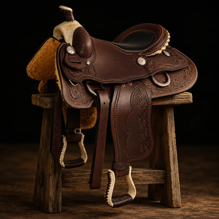Selle western Team Roper en cuir souple – vue d'ensemble (photo d'atelier)