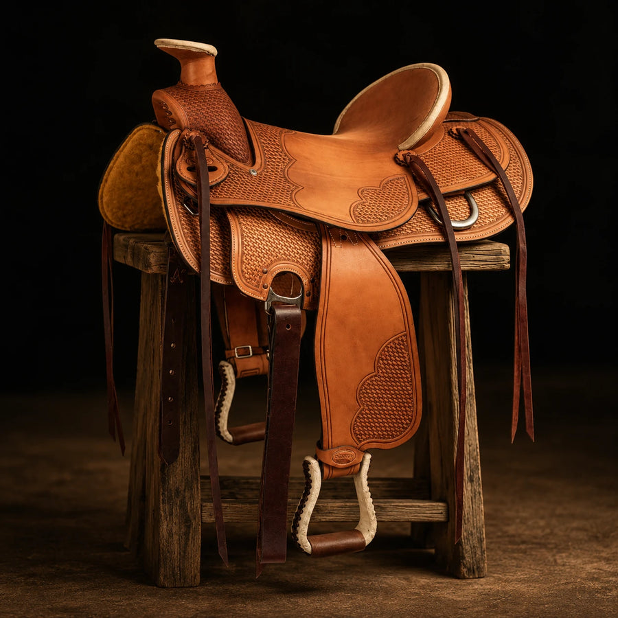 Selle western High Country en cuir souple – vue d'ensemble (photo d'atelier)