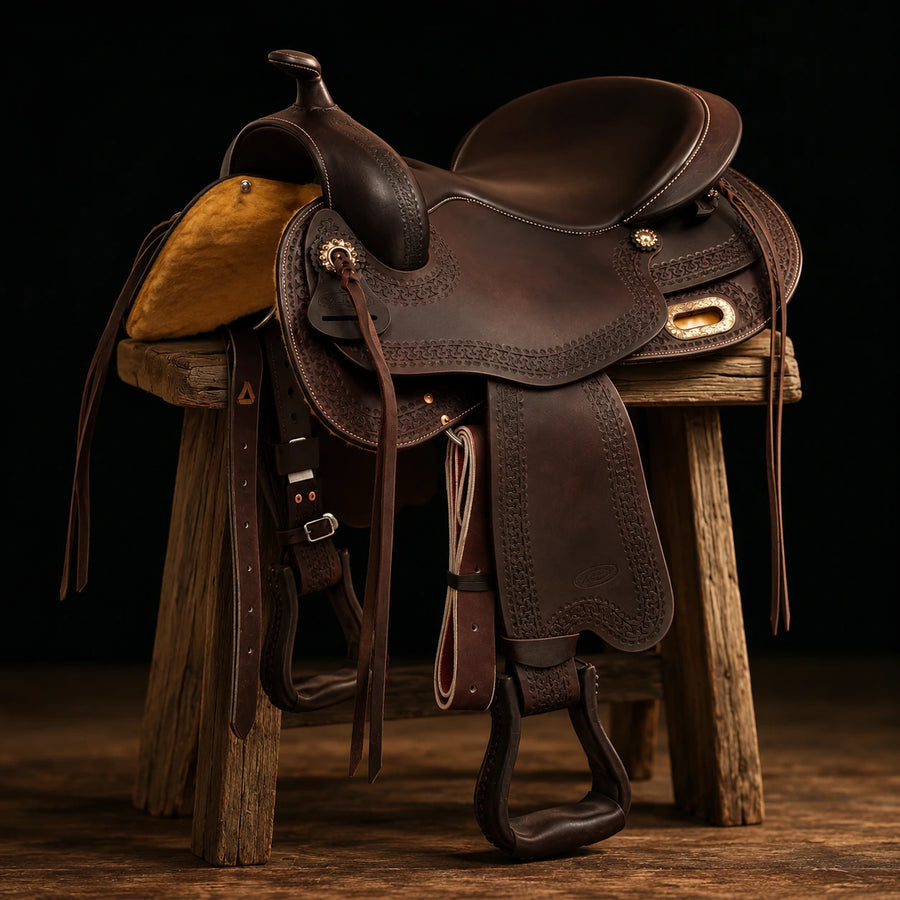 Selle western ronde Freemax FMW en cuir de buffle – vue d'ensemble (photo d'atelier)