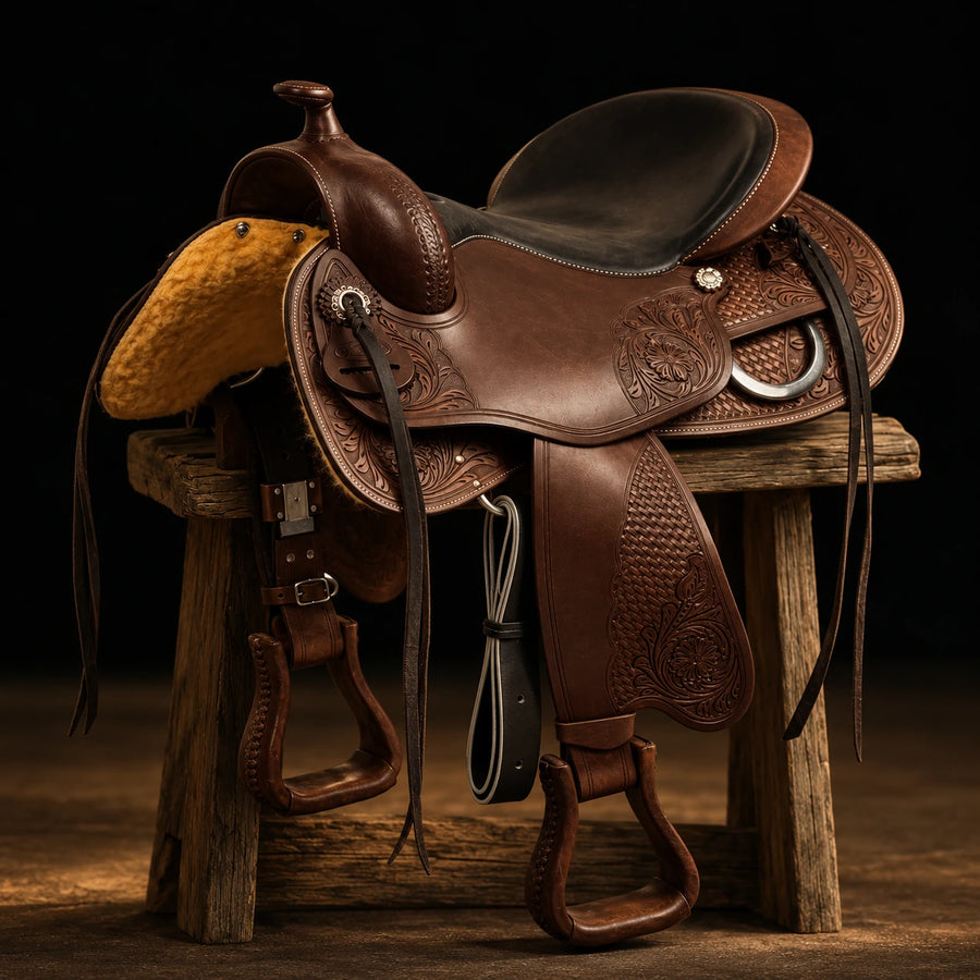 Selle western ronde Freemax FMW en cuir de vache – vue d'ensemble (photo d'atelier)