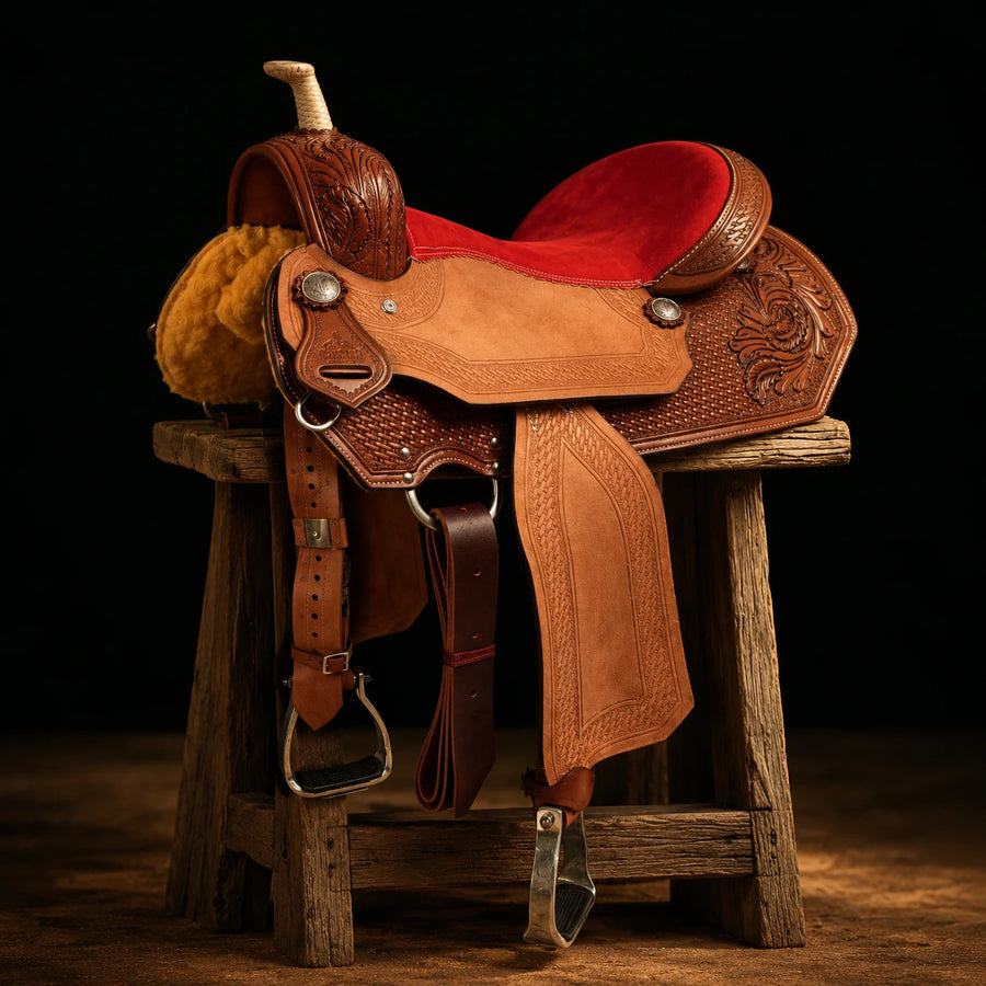 Selle de barrel McBryan siège rouge – vue d'ensemble (photo d'atelier)
