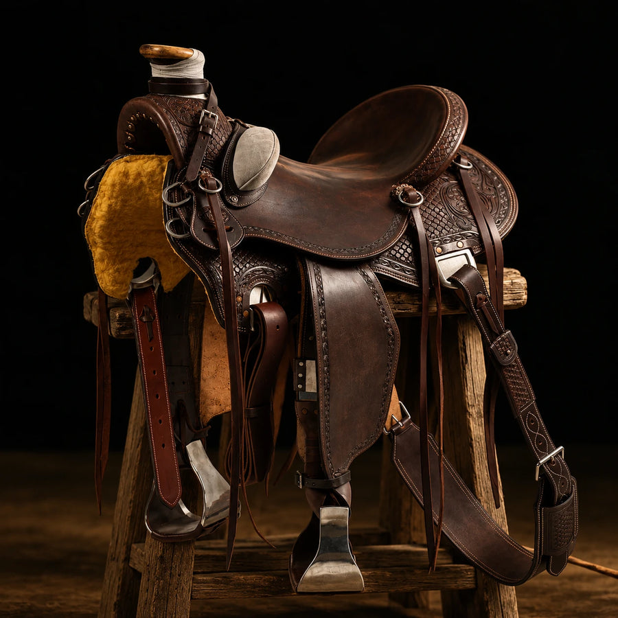 Selle western Wade Desert Stallion Pool's avec porte-couteau et sangle arrière – vue d'ensemble (photo d'atelier)