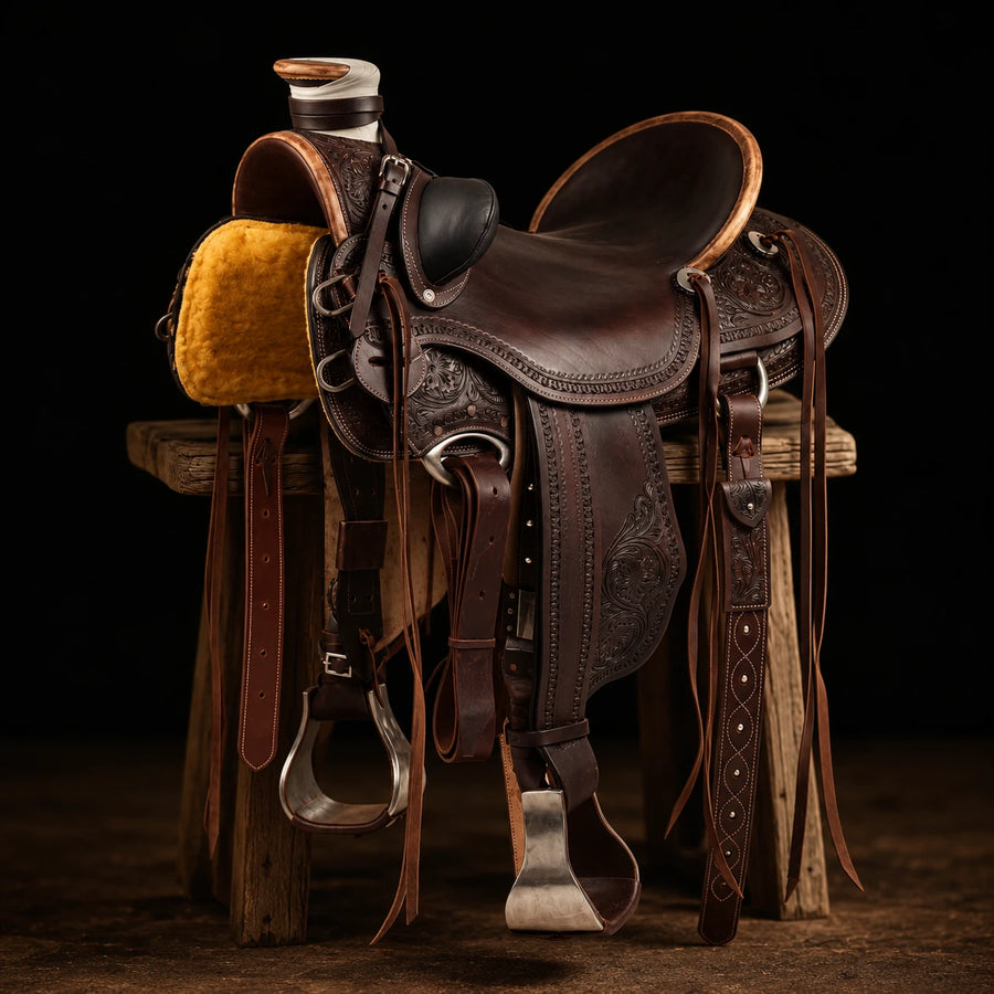 Selle western Wade Ranch Pool's en cuir foncé – vue d'ensemble (photo d'atelier)