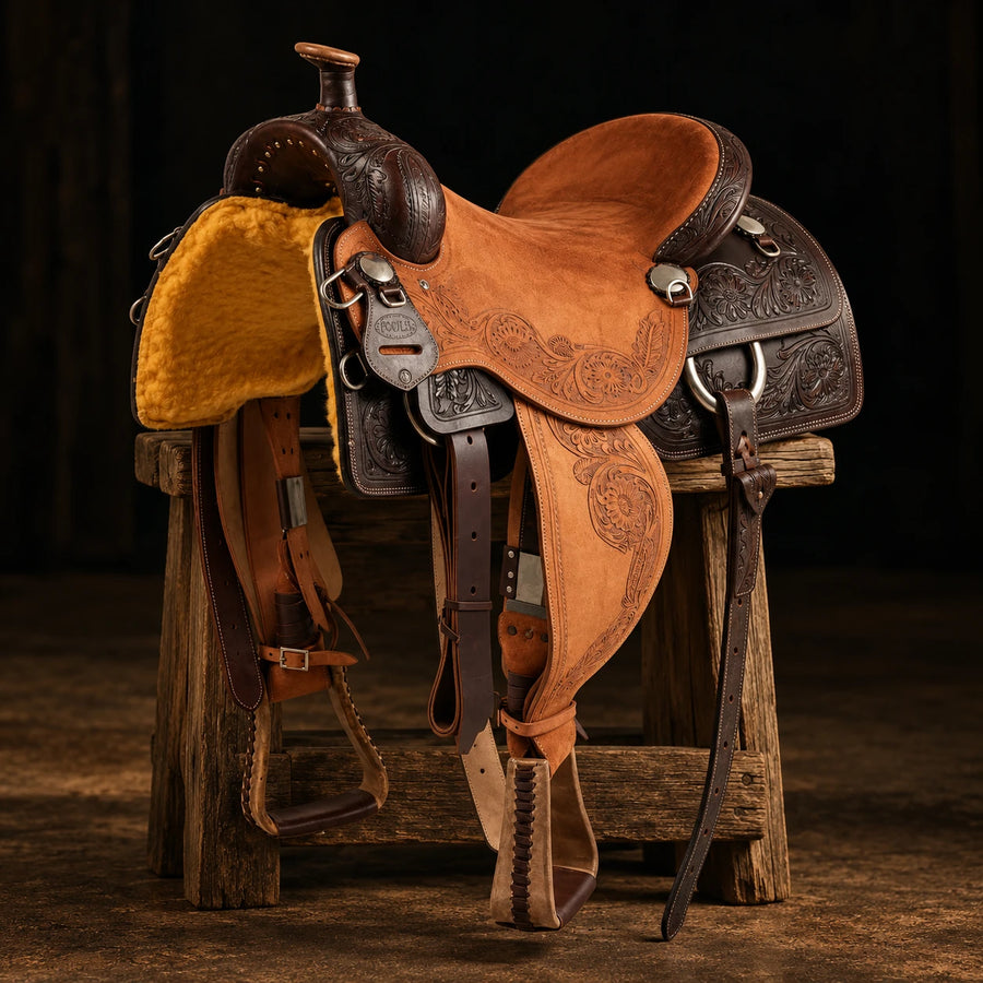 Selle cow horse Pool's tooling floral – vue d'ensemble (photo d'atelier)
