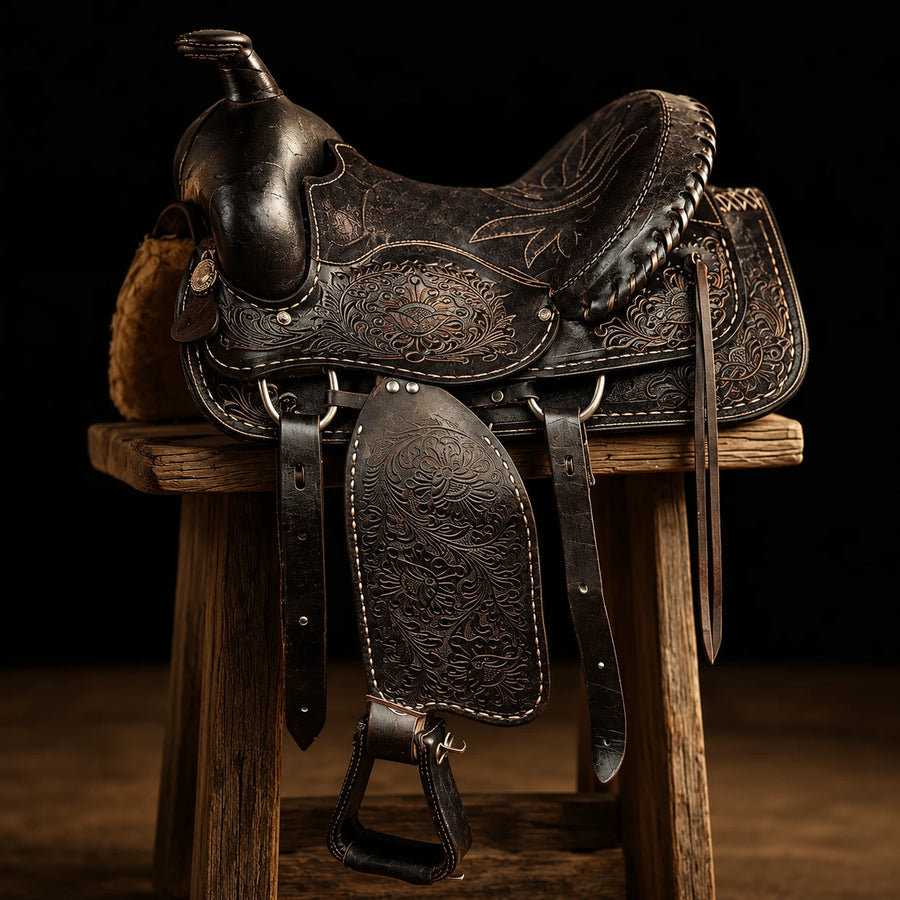 Selle de reining Red Horns en cuir – vue d'ensemble (photo d'atelier)