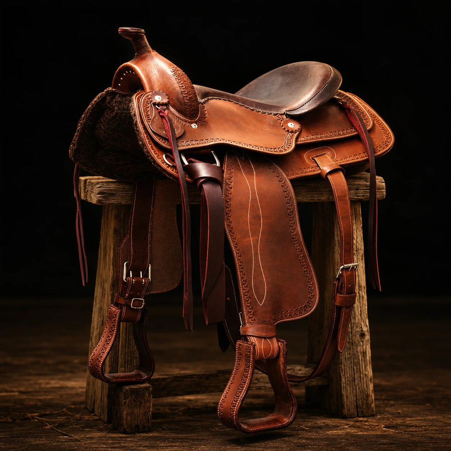 Selle de reining Red Horns – vue d'ensemble (photo d'atelier)