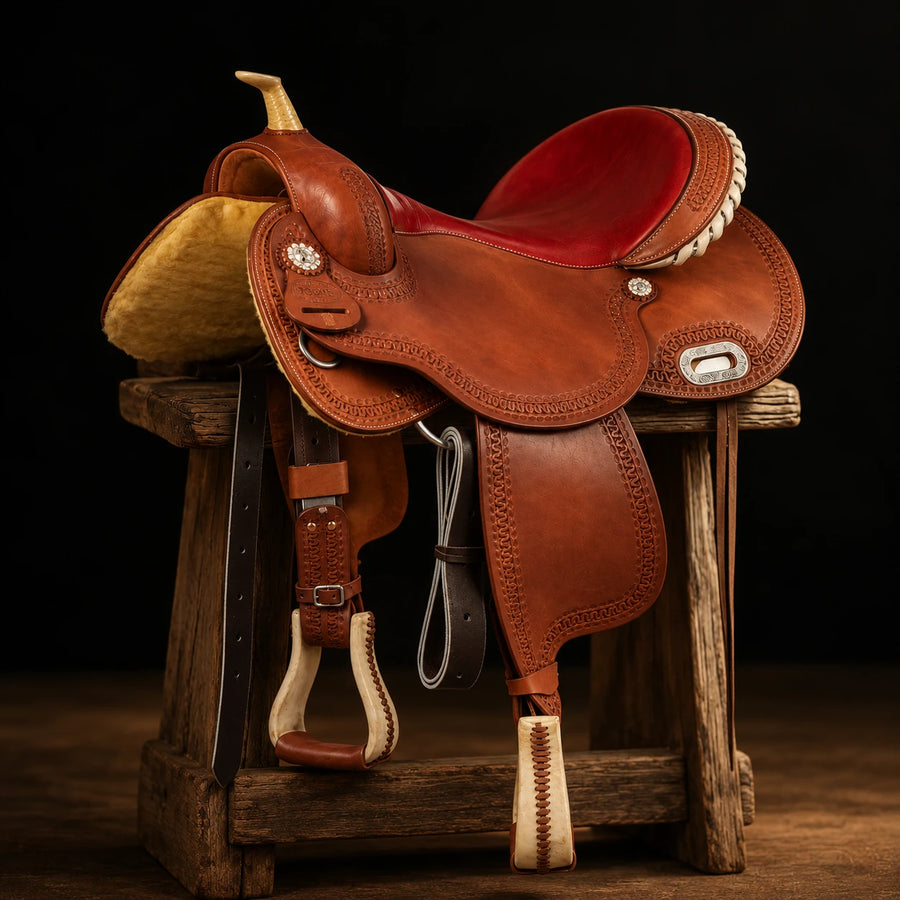 Selle de barrel Pool's Color 5020 à siège rouge – vue d'ensemble (photo d'atelier)