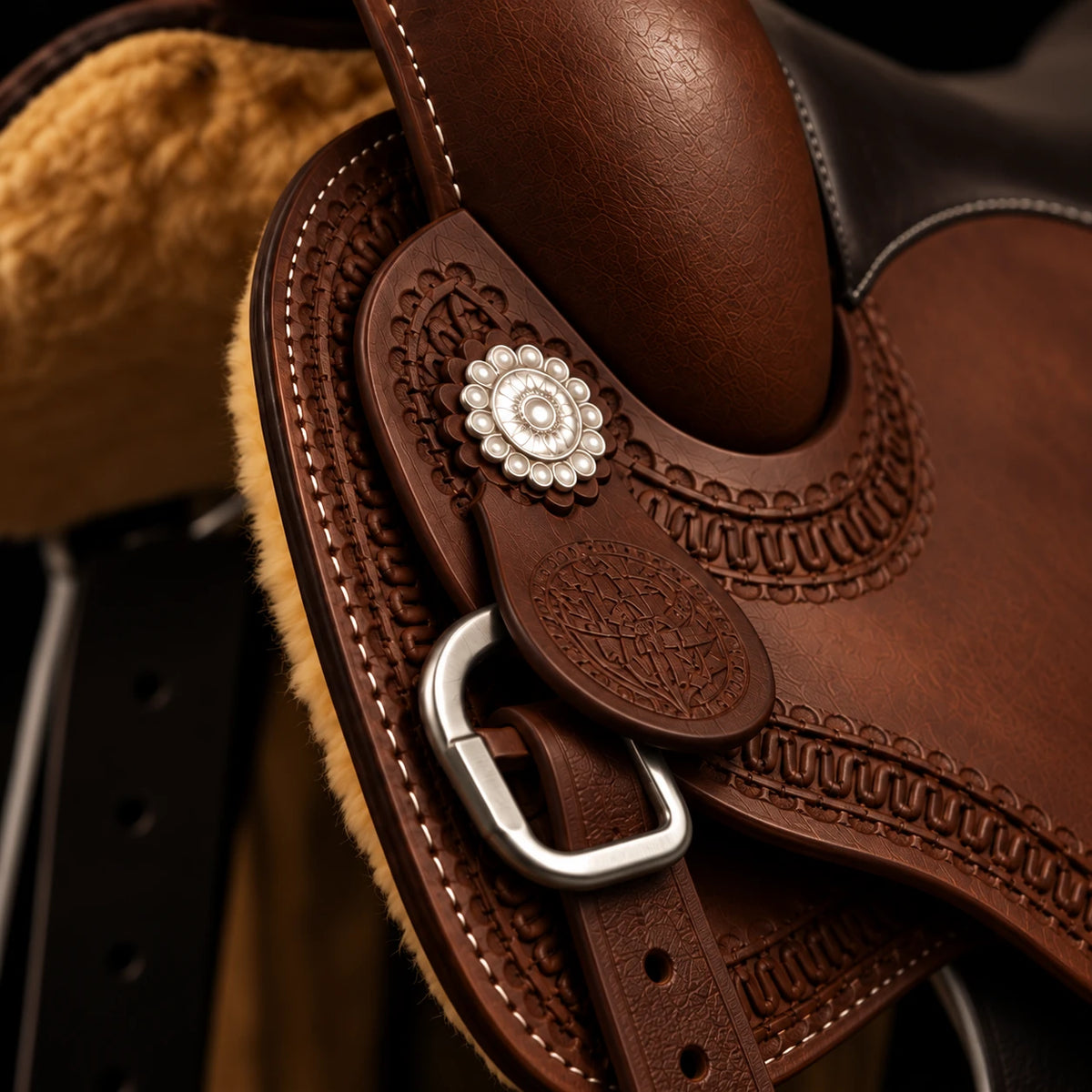 Selle de reining Pool's Rawhide 2020 – détail des conchos et boucles (photo d'atelier)