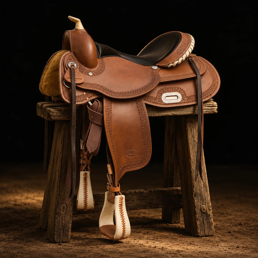 Selle de reining Pool's Flexible 2020 à arçon flexible – vue d'ensemble (photo d'atelier)