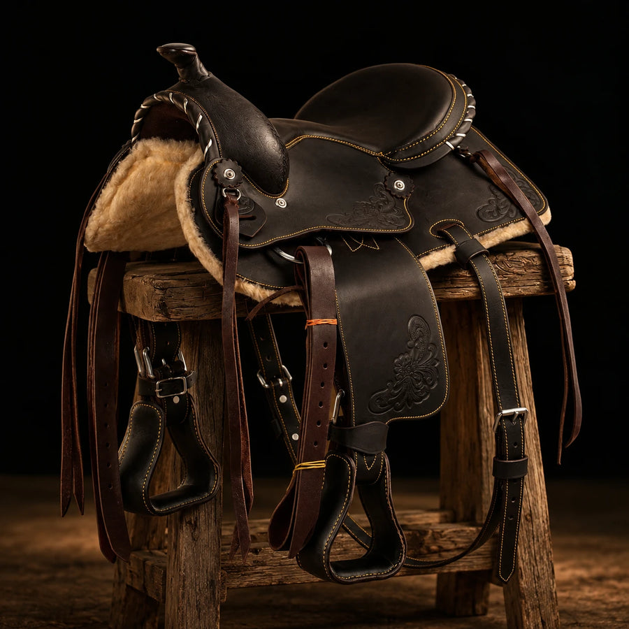 Selle western poney Lakota Silver Wire – vue d'ensemble (photo d'atelier)