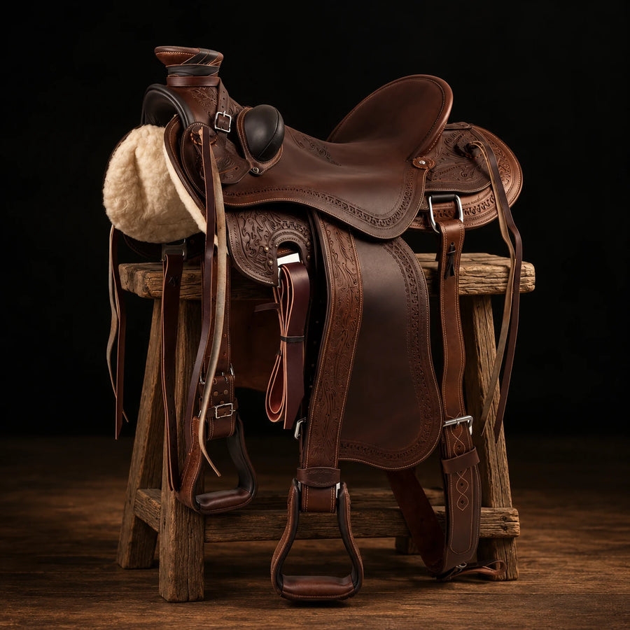 Selle de ranch Lakota SB en cuir huilé – vue d'ensemble (photo d'atelier)