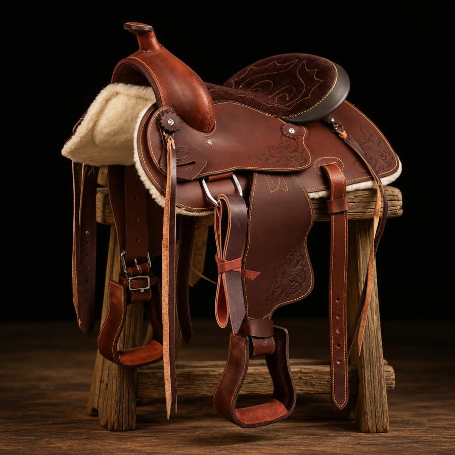 Selle western poney Lakota Prime – vue d'ensemble (photo d'atelier)