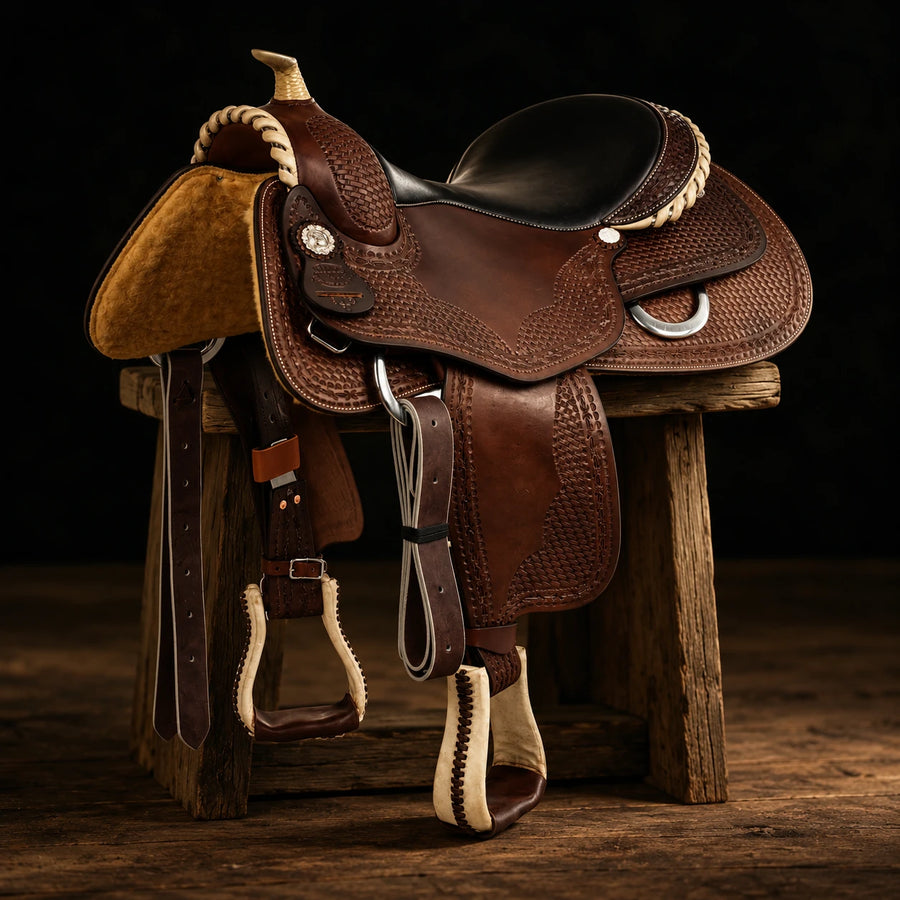 Selle de reining Pool's Genuine Butterfly 9002 – vue d'ensemble (photo d'atelier)
