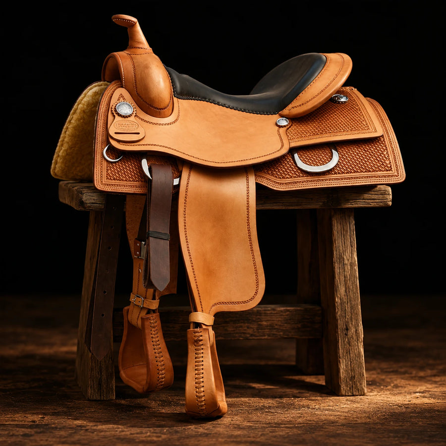 Selle working cow Pool's Genuine 777 Classic en cuir naturel – vue d'ensemble (photo d'atelier)