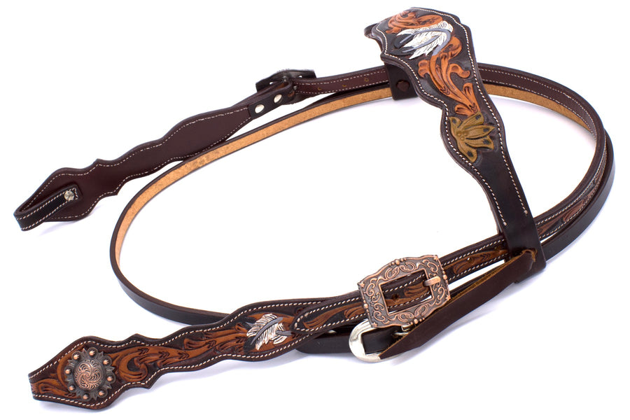 Bridon western cuir américain chocolat estampé main, plumes blanches