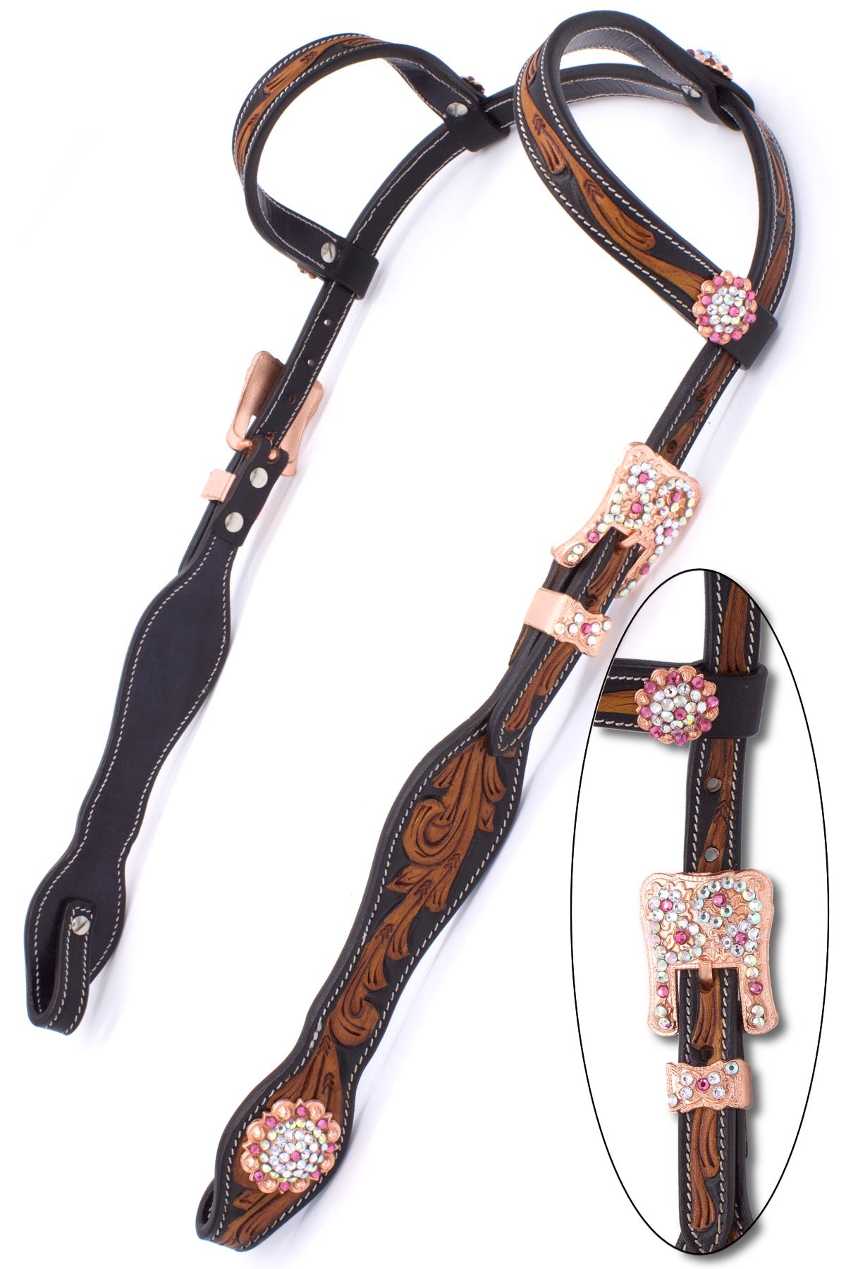 Bridon western deux oreilles Crystal, ferrures or rose et strass